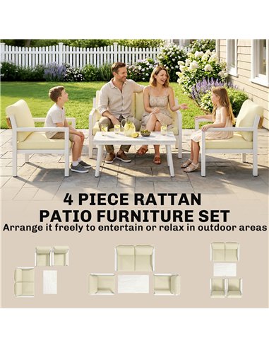 Outsunny 4 Seater Rattan Garden Furniture Set with 2 Armchairs, Loveseat, Coffee Table, Garden Sofa Set with Cushions, Beige