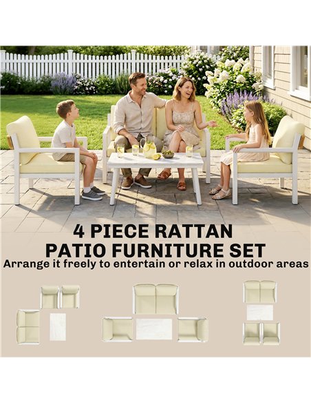Outsunny 4 Seater Rattan Garden Furniture Set with 2 Armchairs, Loveseat, Coffee Table, Garden Sofa Set with Cushions, Beige - pic 199072 | FastDaddyshop