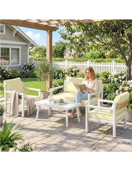 Outsunny 4 Seater Rattan Garden Furniture Set with 2 Armchairs, Loveseat, Coffee Table, Garden Sofa Set with Cushions, Beige - pic 199076 | FastDaddyshop