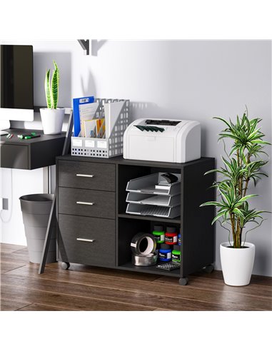 HOMCOM Freestanding Stand Unit, Mobile Storage with Wheels, 3 Drawers, 2 Open Shelves, Black