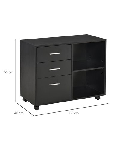 HOMCOM Freestanding Stand Unit, Mobile Storage with Wheels, 3 Drawers, 2 Open Shelves, Black