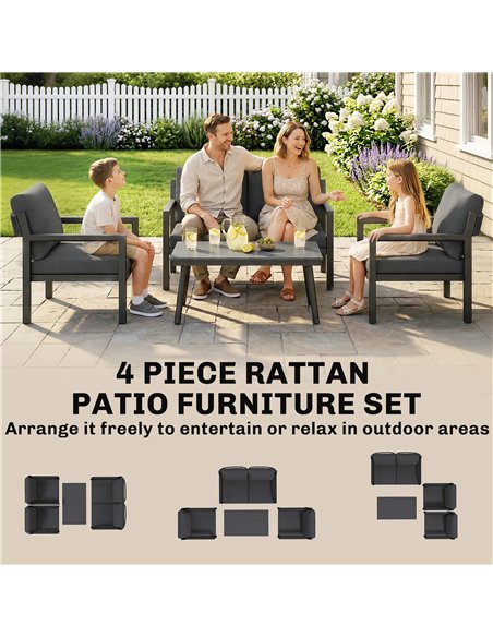 Outsunny 4 Seater Rattan Garden Furniture Set with 2 Armchairs, Loveseat, Coffee Table, Dark Grey - pic 199090 | FastDaddyshop