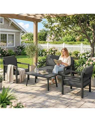 Outsunny 4 Seater Rattan Garden Furniture Set with 2 Armchairs, Loveseat, Coffee Table, Dark Grey