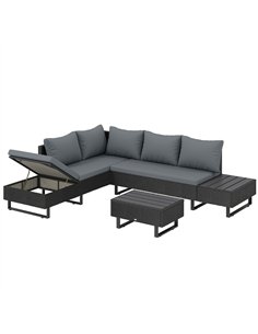 Outsunny 5 Seater Rattan Garden Furniture Set, L Shaped Garden Corner Sofa, Adjustable Back, Faux Wood Table, Dark Grey