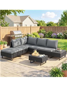 Outsunny 5 Seater Rattan Garden Furniture Set, L Shaped Garden Corner Sofa, Adjustable Back, Faux Wood Table, Dark Grey 2