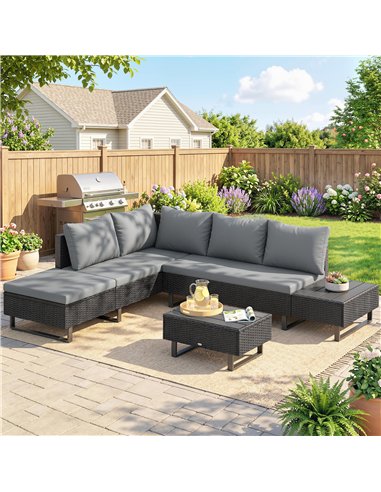 Outsunny 5 Seater Rattan Garden Furniture Set, L Shaped Garden Corner Sofa, Adjustable Back, Faux Wood Table, Dark Grey
