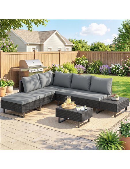 Outsunny 5 Seater Rattan Garden Furniture Set, L Shaped Garden Corner Sofa, Adjustable Back, Faux Wood Table, Dark Grey - pic 199097 | FastDaddyshop