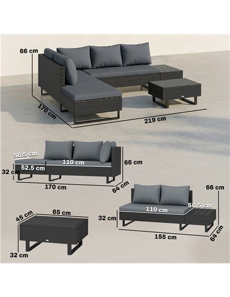 Outsunny 5 Seater Rattan Garden Furniture Set, L Shaped Garden Corner Sofa, Adjustable Back, Faux Wood Table, Dark Grey - pic 199098 | FastDaddyshop