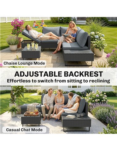 Outsunny 5 Seater Rattan Garden Furniture Set, L Shaped Garden Corner Sofa, Adjustable Back, Faux Wood Table, Dark Grey