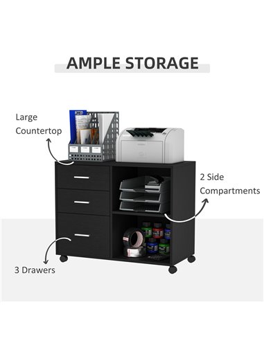HOMCOM Freestanding Stand Unit, Mobile Storage with Wheels, 3 Drawers, 2 Open Shelves, Black