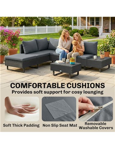 Outsunny 5 Seater Rattan Garden Furniture Set, L Shaped Garden Corner Sofa, Adjustable Back, Faux Wood Table, Dark Grey
