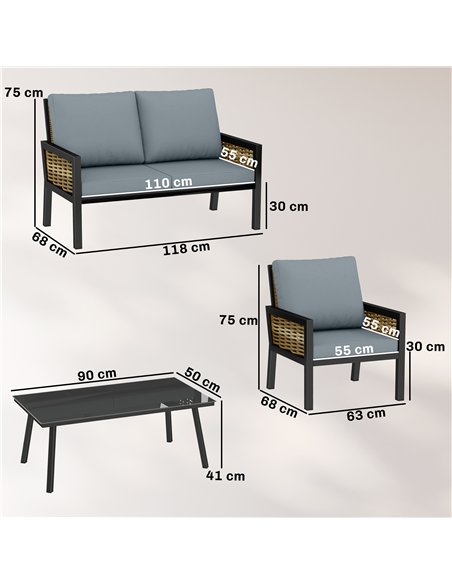 Outsunny 4 Seater Rattan Garden Furniture Set with 2 Armchairs, Loveseat, Coffee Table, Garden Sofa Set with Cushions, Grey - pic 199107 | FastDaddyshop