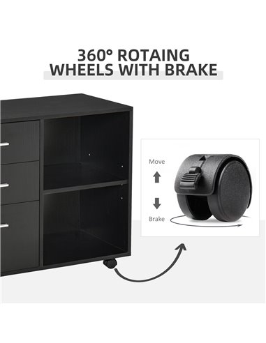 HOMCOM Freestanding Stand Unit, Mobile Storage with Wheels, 3 Drawers, 2 Open Shelves, Black
