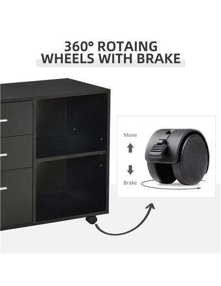 HOMCOM Freestanding Stand Unit, Mobile Storage with Wheels, 3 Drawers, 2 Open Shelves, Black - pic 19911 | FastDaddyshop