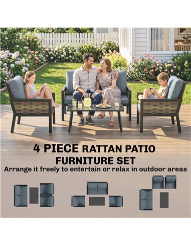 Outsunny 4 Seater Rattan Garden Furniture Set with 2 Armchairs, Loveseat, Coffee Table, Garden Sofa Set with Cushions, Grey