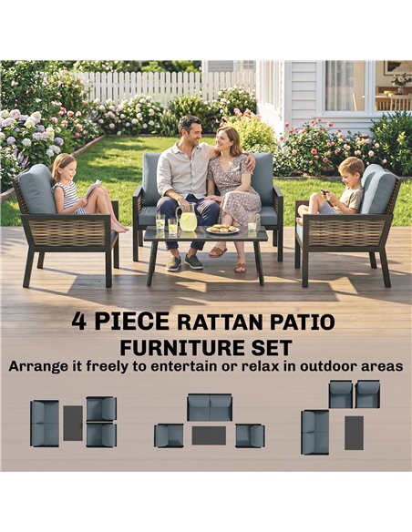 Outsunny 4 Seater Rattan Garden Furniture Set with 2 Armchairs, Loveseat, Coffee Table, Garden Sofa Set with Cushions, Grey - pic 199112 | FastDaddyshop