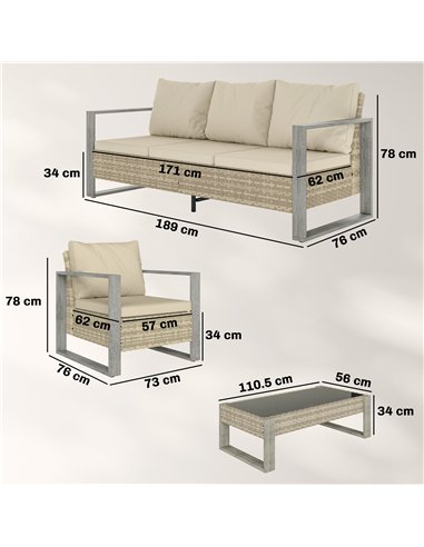 Outsunny Rattan Garden Set, 4 Piece Rattan Garden Furniture Set with 3-Seater Sofa, Armchairs, Table, Aluminium Frame Patio Furn