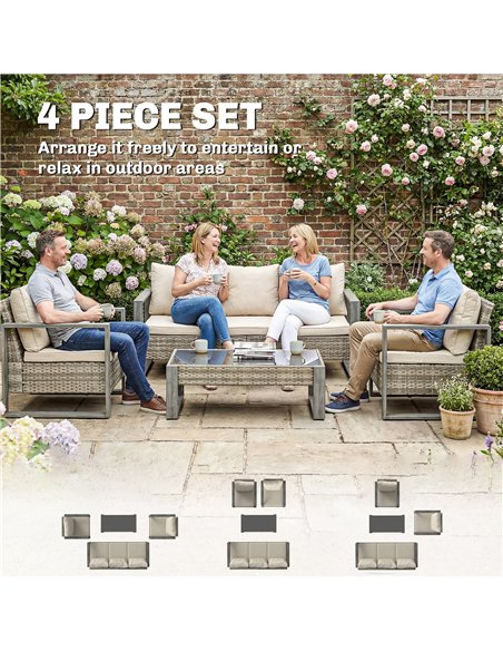 Outsunny Rattan Garden Set, 4 Piece Rattan Garden Furniture Set with 3-Seater Sofa, Armchairs, Table, Aluminium Frame Patio Furn - pic 199117 | FastDaddyshop