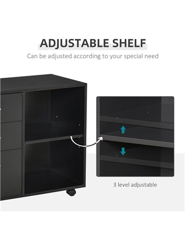 HOMCOM Freestanding Stand Unit, Mobile Storage with Wheels, 3 Drawers, 2 Open Shelves, Black