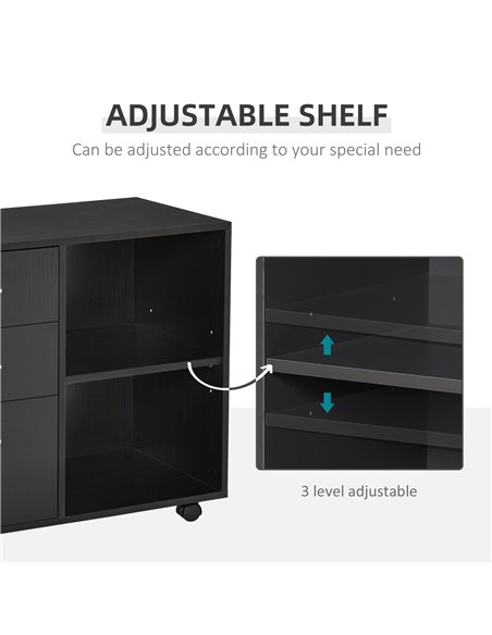 HOMCOM Freestanding Stand Unit, Mobile Storage with Wheels, 3 Drawers, 2 Open Shelves, Black - pic 19912 | FastDaddyshop