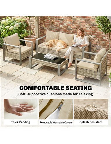 Outsunny Rattan Garden Set, 4 Piece Rattan Garden Furniture Set with 3-Seater Sofa, Armchairs, Table, Aluminium Frame Patio Furn