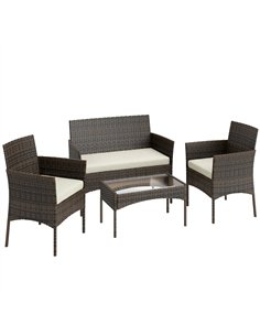 Outsunny 4 Piece Rattan Garden Furniture Sofa Set with Loveseat, Armchairs, Glass-Top Coffee Table and Cushions, Brown