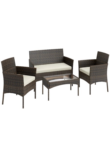 Outsunny 4 Piece Rattan Garden Furniture Sofa Set with Loveseat, Armchairs, Glass-Top Coffee Table and Cushions, Brown - pic 199123 | FastDaddyshop