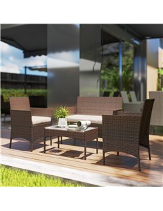 Outsunny 4 Piece Rattan Garden Furniture Sofa Set with Loveseat, Armchairs, Glass-Top Coffee Table and Cushions, Brown 2
