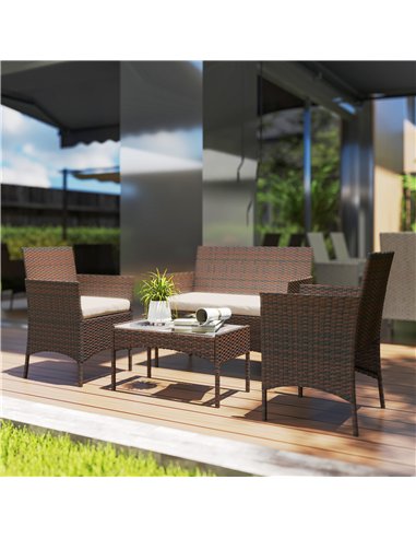 Outsunny 4 Piece Rattan Garden Furniture Sofa Set with Loveseat, Armchairs, Glass-Top Coffee Table and Cushions, Brown