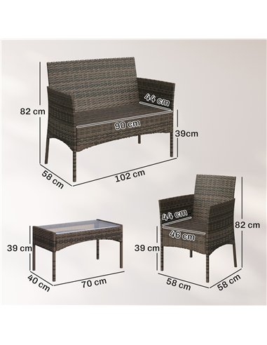 Outsunny 4 Piece Rattan Garden Furniture Sofa Set with Loveseat, Armchairs, Glass-Top Coffee Table and Cushions, Brown