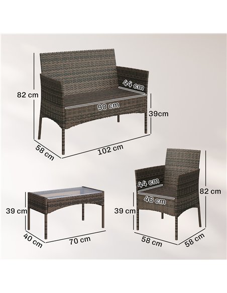 Outsunny 4 Piece Rattan Garden Furniture Sofa Set with Loveseat, Armchairs, Glass-Top Coffee Table and Cushions, Brown - pic 199125 | FastDaddyshop
