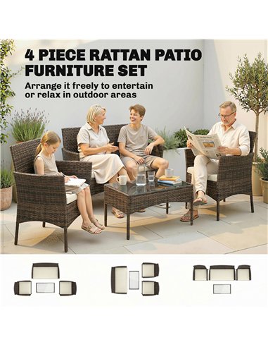 Outsunny 4 Piece Rattan Garden Furniture Sofa Set with Loveseat, Armchairs, Glass-Top Coffee Table and Cushions, Brown