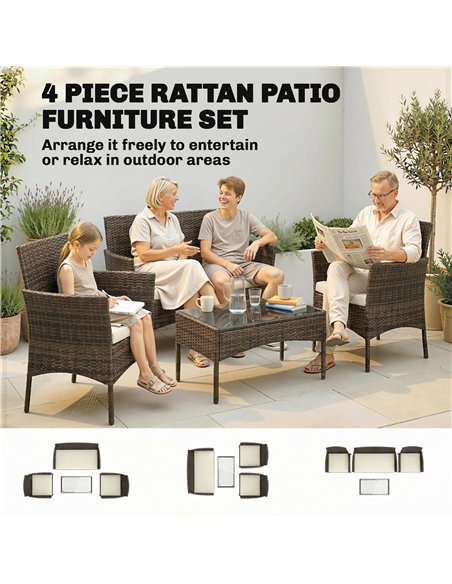 Outsunny 4 Piece Rattan Garden Furniture Sofa Set with Loveseat, Armchairs, Glass-Top Coffee Table and Cushions, Brown - pic 199126 | FastDaddyshop