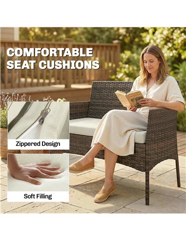 Outsunny 4 Piece Rattan Garden Furniture Sofa Set with Loveseat, Armchairs, Glass-Top Coffee Table and Cushions, Brown