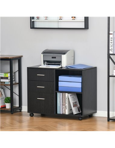 HOMCOM Freestanding Stand Unit, Mobile Storage with Wheels, 3 Drawers, 2 Open Shelves, Black