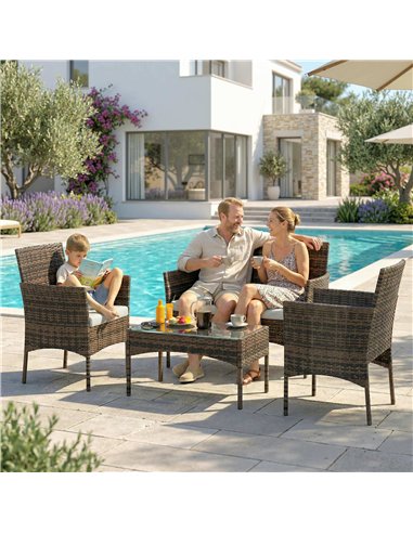 Outsunny 4 Piece Rattan Garden Furniture Sofa Set with Loveseat, Armchairs, Glass-Top Coffee Table and Cushions, Brown