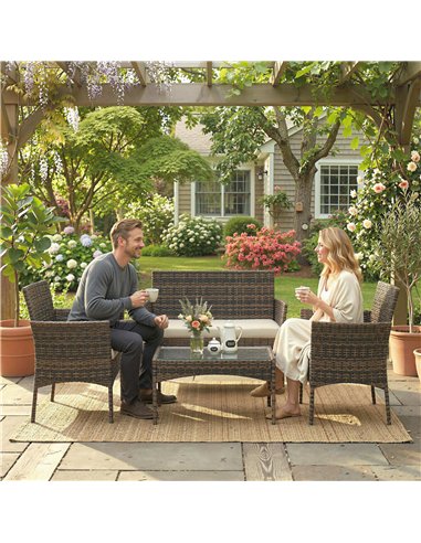 Outsunny 4 Piece Rattan Garden Furniture Sofa Set with Loveseat, Armchairs, Glass-Top Coffee Table and Cushions, Brown