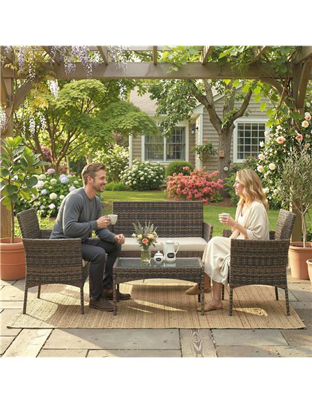 Outsunny 4 Piece Rattan Garden Furniture Sofa Set with Loveseat, Armchairs, Glass-Top Coffee Table and Cushions, Brown - pic 199131 | FastDaddyshop