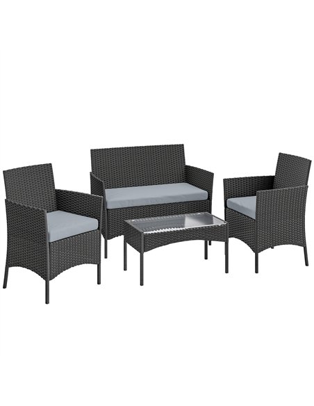 Outsunny 4 Piece Rattan Garden Furniture Sofa Set with Loveseat, Armchairs, Glass-Top Coffee Table and Cushions, Black - pic 199132 | FastDaddyshop