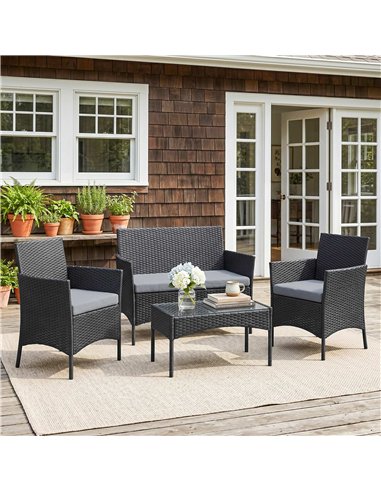 Outsunny 4 Piece Rattan Garden Furniture Sofa Set with Loveseat, Armchairs, Glass-Top Coffee Table and Cushions, Black