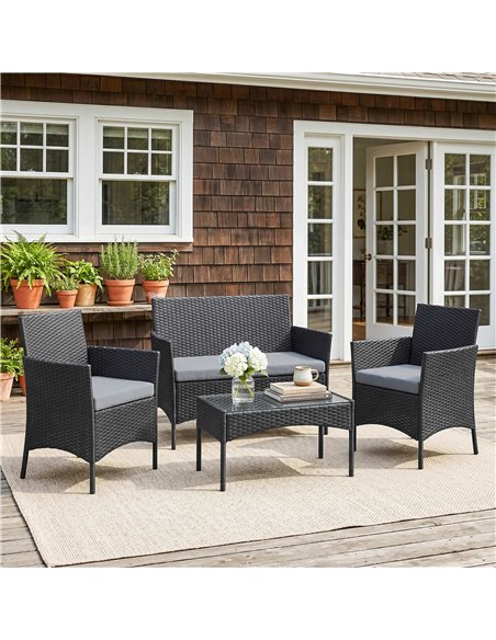 Outsunny 4 Piece Rattan Garden Furniture Sofa Set with Loveseat, Armchairs, Glass-Top Coffee Table and Cushions, Black - pic 199133 | FastDaddyshop