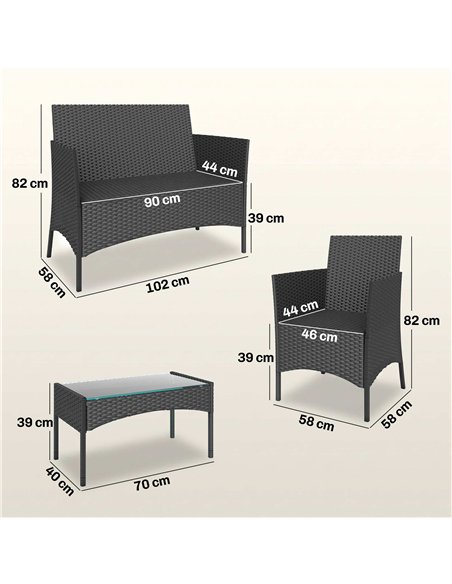 Outsunny 4 Piece Rattan Garden Furniture Sofa Set with Loveseat, Armchairs, Glass-Top Coffee Table and Cushions, Black - pic 199134 | FastDaddyshop