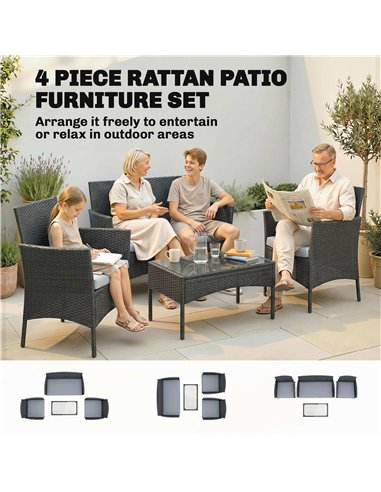 Outsunny 4 Piece Rattan Garden Furniture Sofa Set with Loveseat, Armchairs, Glass-Top Coffee Table and Cushions, Black