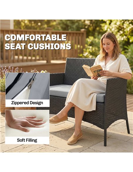 Outsunny 4 Piece Rattan Garden Furniture Sofa Set with Loveseat, Armchairs, Glass-Top Coffee Table and Cushions, Black - pic 199137 | FastDaddyshop