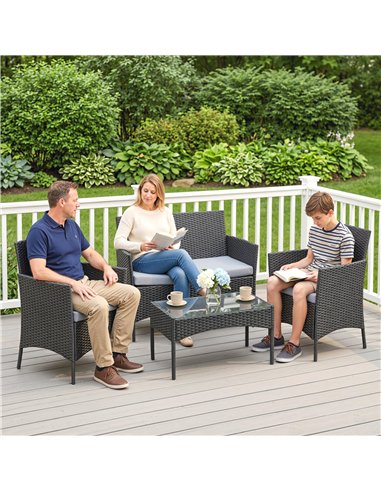 Outsunny 4 Piece Rattan Garden Furniture Sofa Set with Loveseat, Armchairs, Glass-Top Coffee Table and Cushions, Black