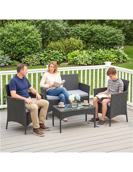 Outsunny 4 Piece Rattan Garden Furniture Sofa Set with Loveseat, Armchairs, Glass-Top Coffee Table and Cushions, Black - pic 199140 | FastDaddyshop