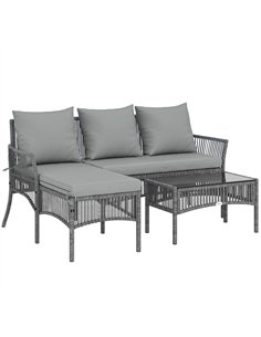 Outsunny 3 Piece Rattan Garden Furniture Corner Sofa Set with Chaise Lounge, Loveseat, Glass Coffee Table, Cushions, Dark Grey