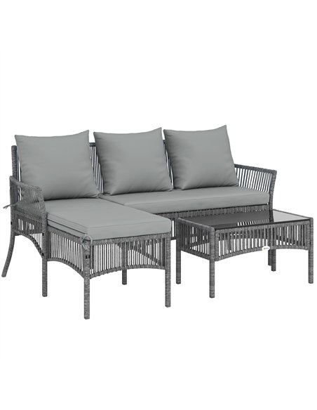 Outsunny 3 Piece Rattan Garden Furniture Corner Sofa Set with Chaise Lounge, Loveseat, Glass Coffee Table, Cushions, Dark Grey - pic 199141 | FastDaddyshop