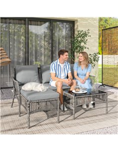 Outsunny 3 Piece Rattan Garden Furniture Corner Sofa Set with Chaise Lounge, Loveseat, Glass Coffee Table, Cushions, Dark Grey 2