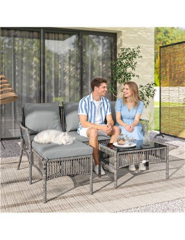 Outsunny 3 Piece Rattan Garden Furniture Corner Sofa Set with Chaise Lounge, Loveseat, Glass Coffee Table, Cushions, Dark Grey